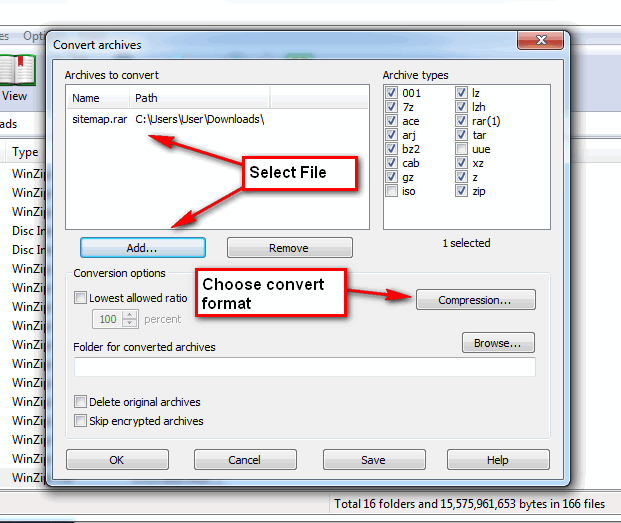 WinrarでRARをZIPファイルに変換する