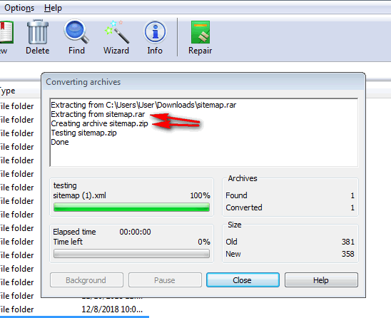 Convert RAR to ZIP file in Winrar